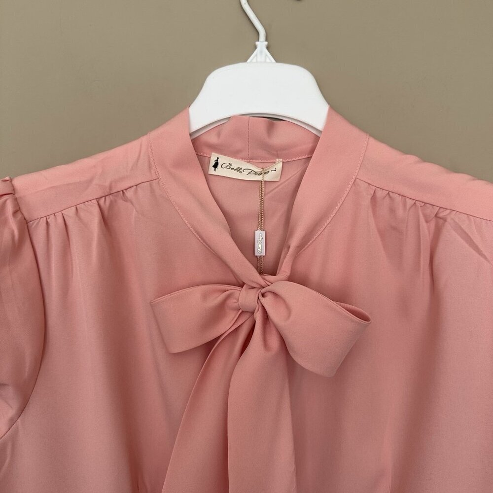 NWT Pink Office Chic Neck Bow Blouse Top Women L Button Shirt Short Sleeve - Picture 5 of 8